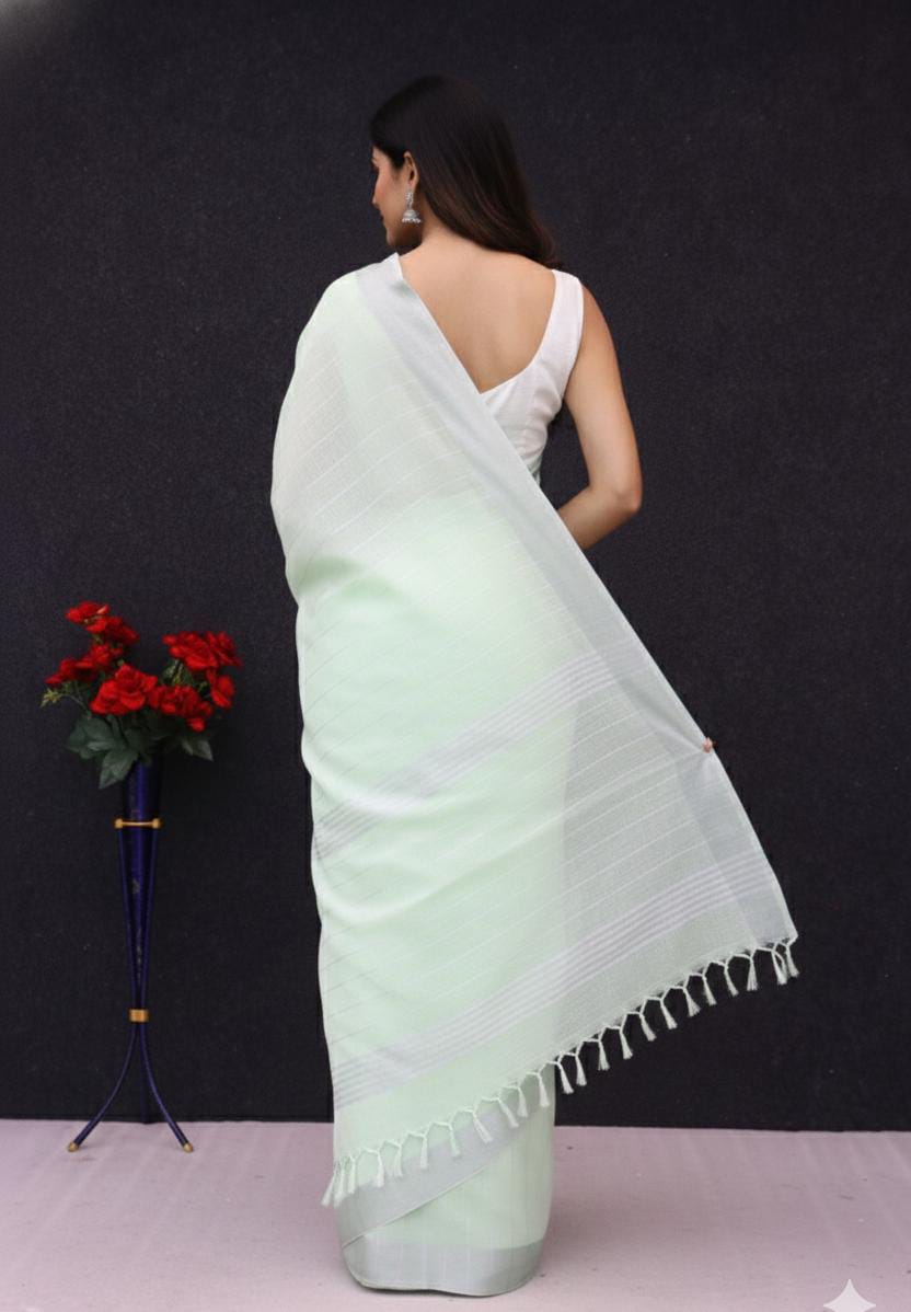 Elegant   Pure  heavy Linen-Cotton Saree with Silver Striped Border”