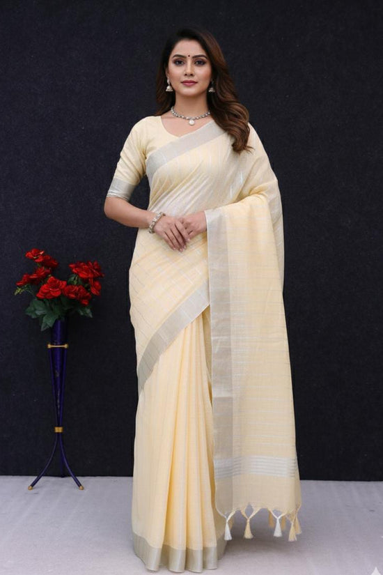 Elegant   Pure  heavy Linen-Cotton Saree with Silver Striped Border”