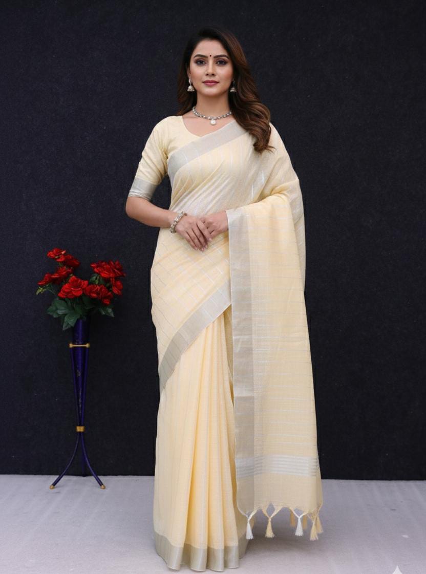 Elegant   Pure  heavy Linen-Cotton Saree with Silver Striped Border”