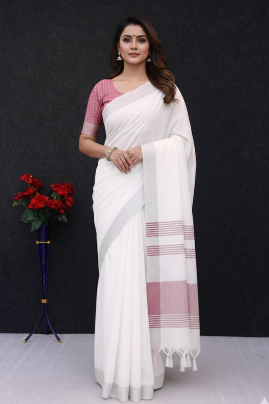 Elegant   Pure  heavy Linen-Cotton Saree with Silver Striped Border”