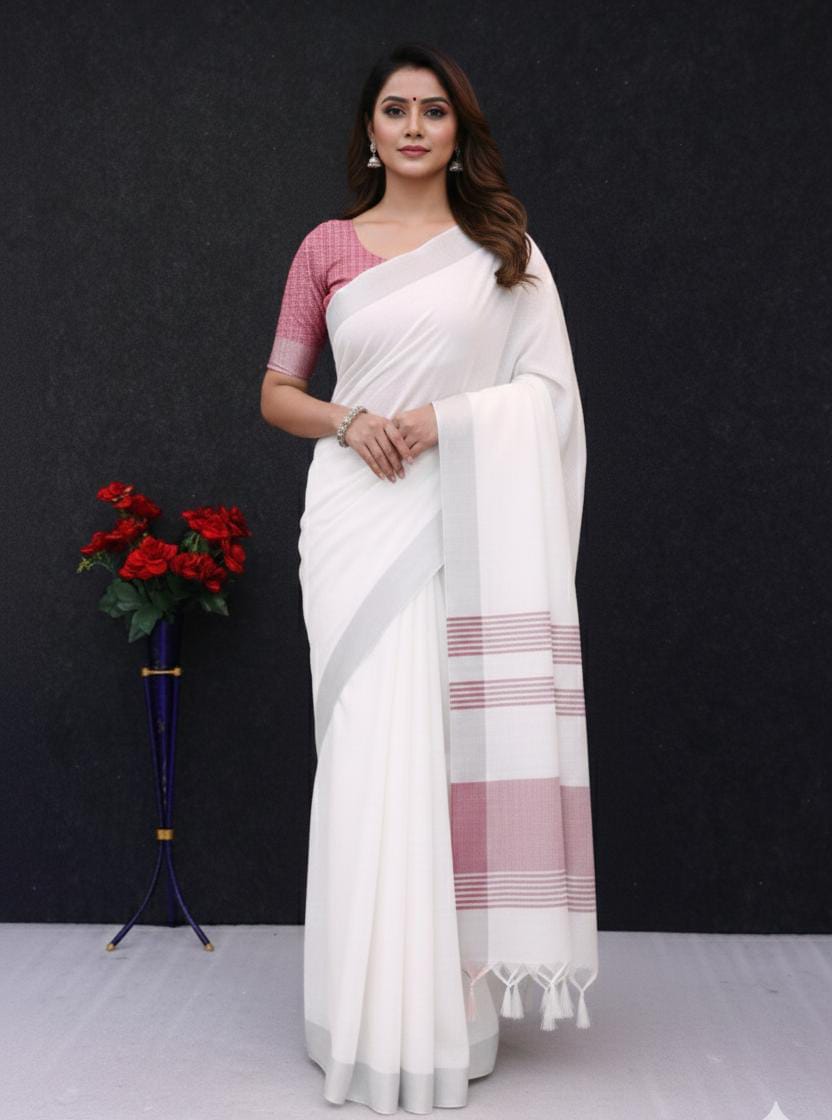 Elegant   Pure  heavy Linen-Cotton Saree with Silver Striped Border”
