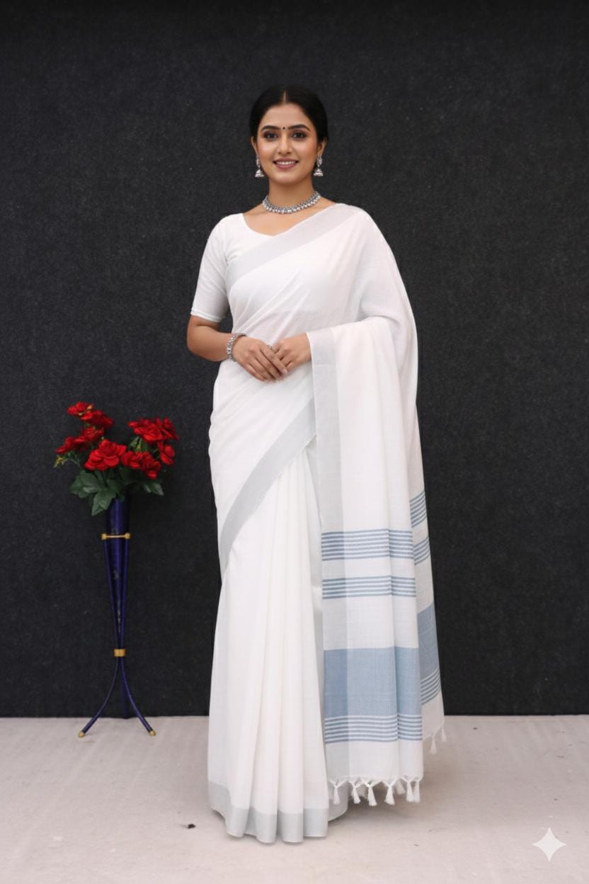 Elegant   Pure  heavy Linen-Cotton Saree with Silver Striped Border”
