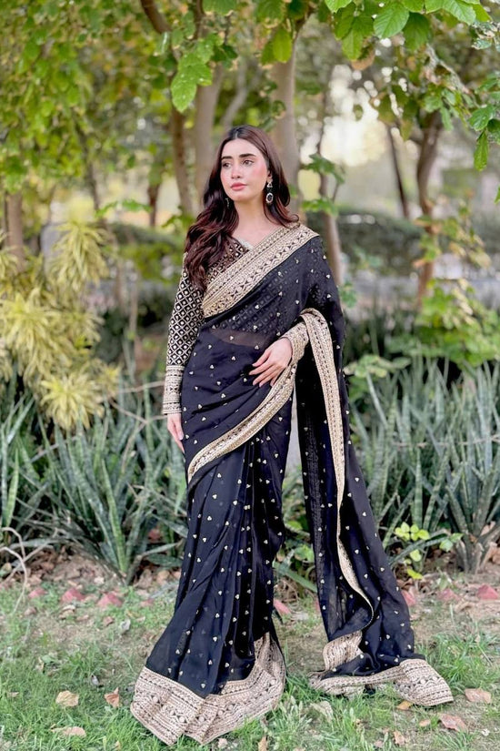 “Black Gold-Embroidered Festive Saree”