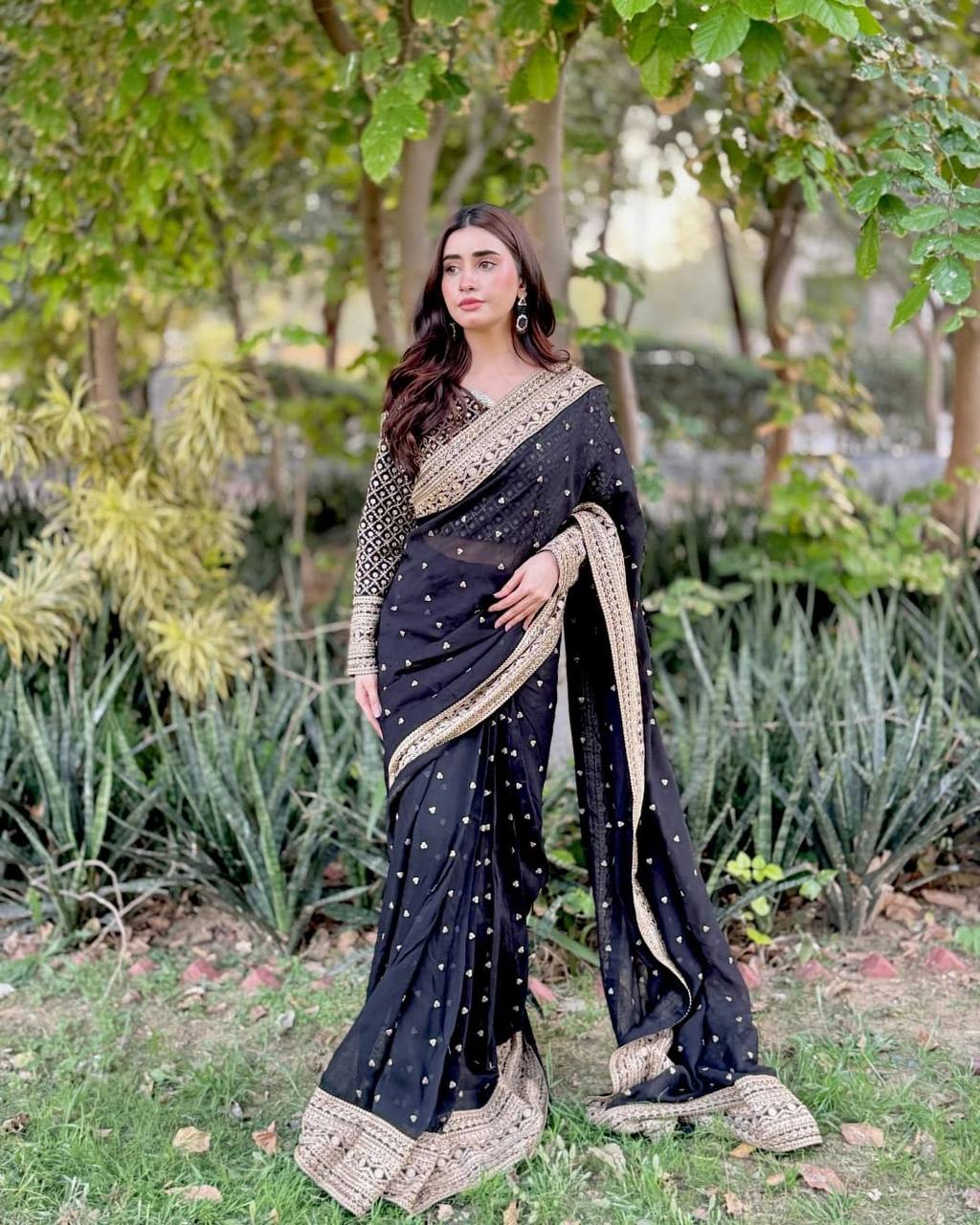 “Black Gold-Embroidered Festive Saree”