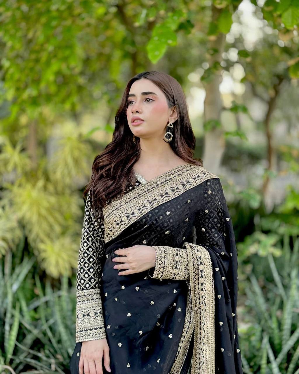 “Black Gold-Embroidered Festive Saree”