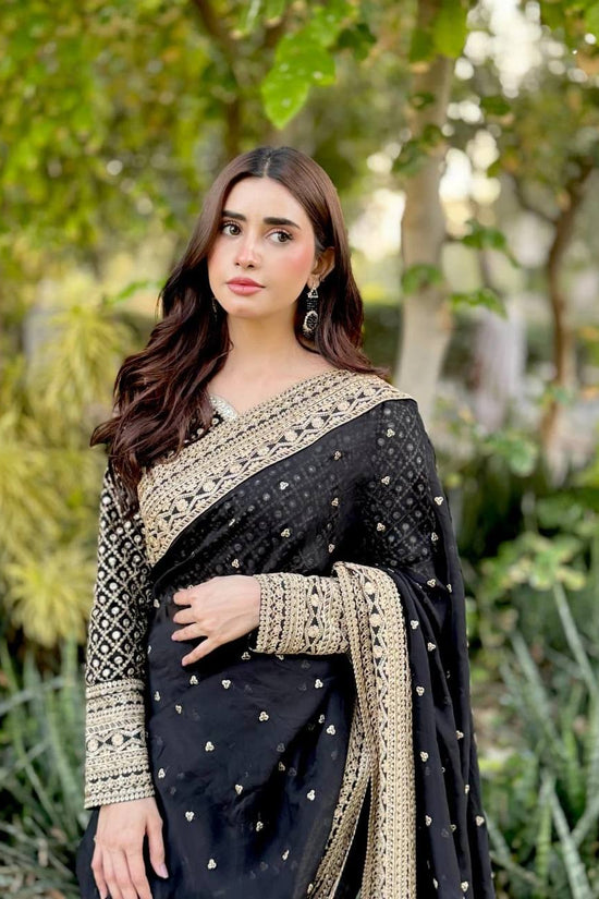 “Black Gold-Embroidered Festive Saree”