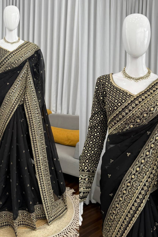 “Black Gold-Embroidered Festive Saree”