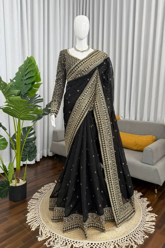 “Black Gold-Embroidered Festive Saree”