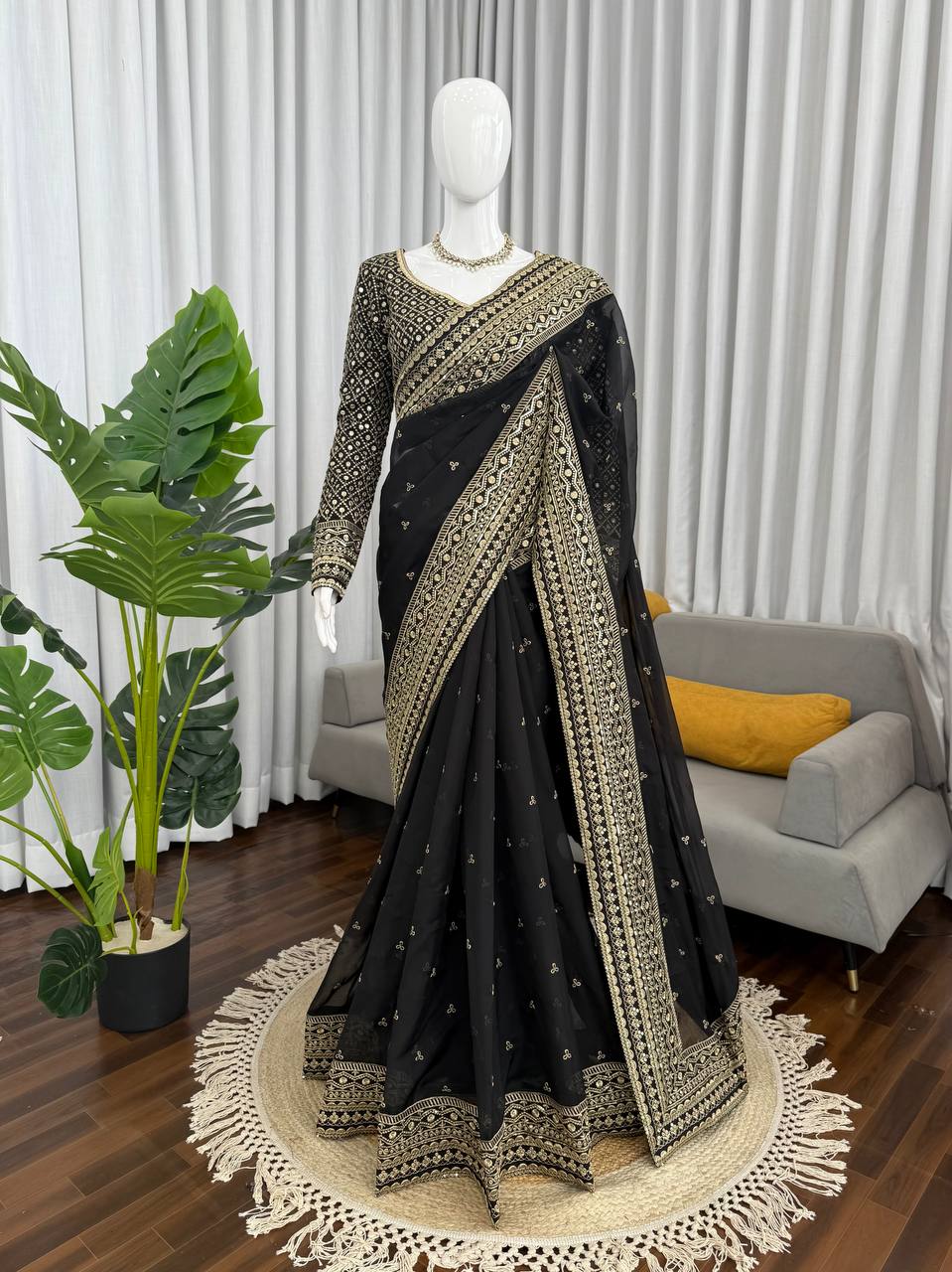 “Black Gold-Embroidered Festive Saree”