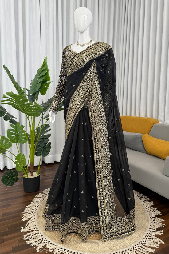 “Black Gold-Embroidered Festive Saree”