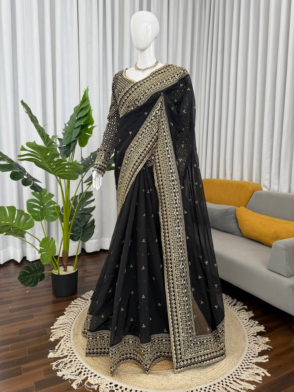 “Black Gold-Embroidered Festive Saree”
