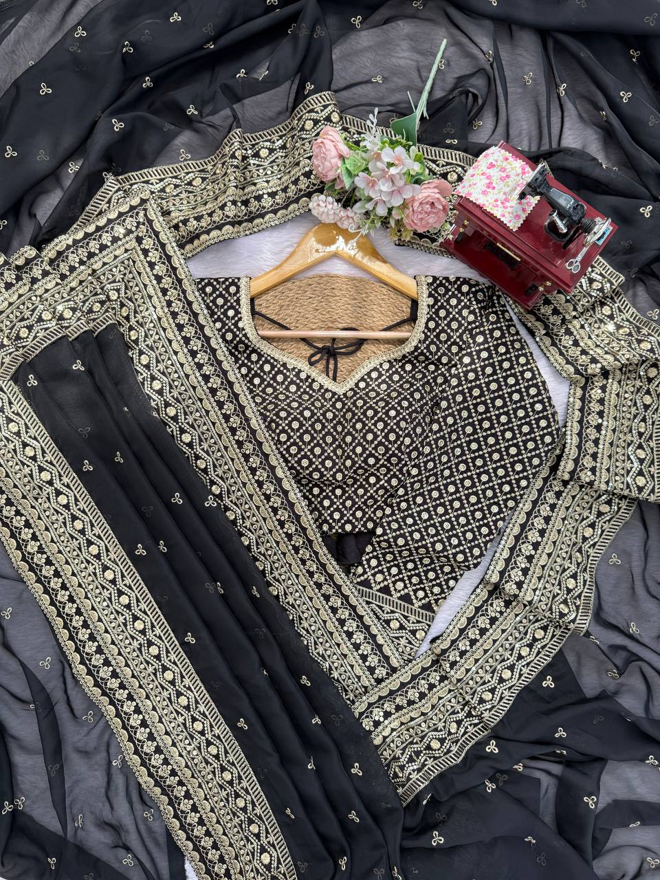 “Black Gold-Embroidered Festive Saree”