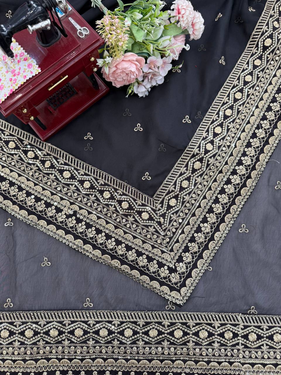 “Black Gold-Embroidered Festive Saree”