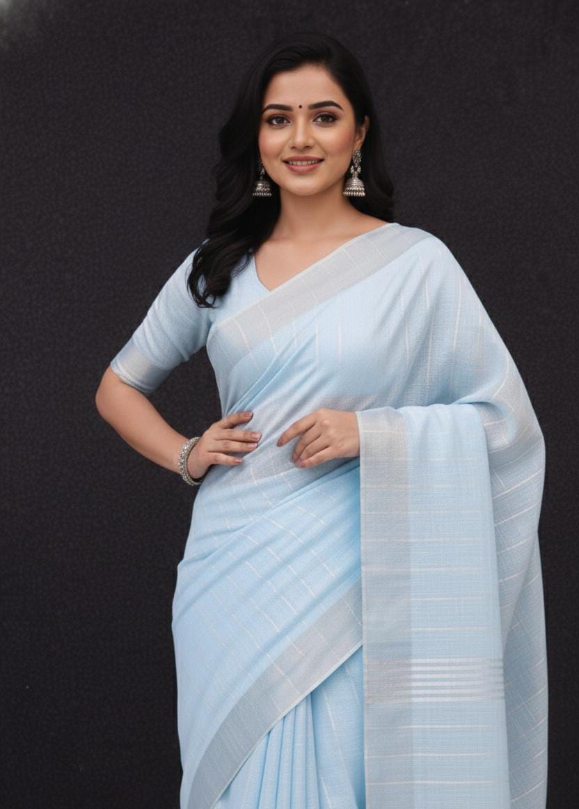 Elegant   Pure  heavy Linen-Cotton Saree with Silver Striped Border”