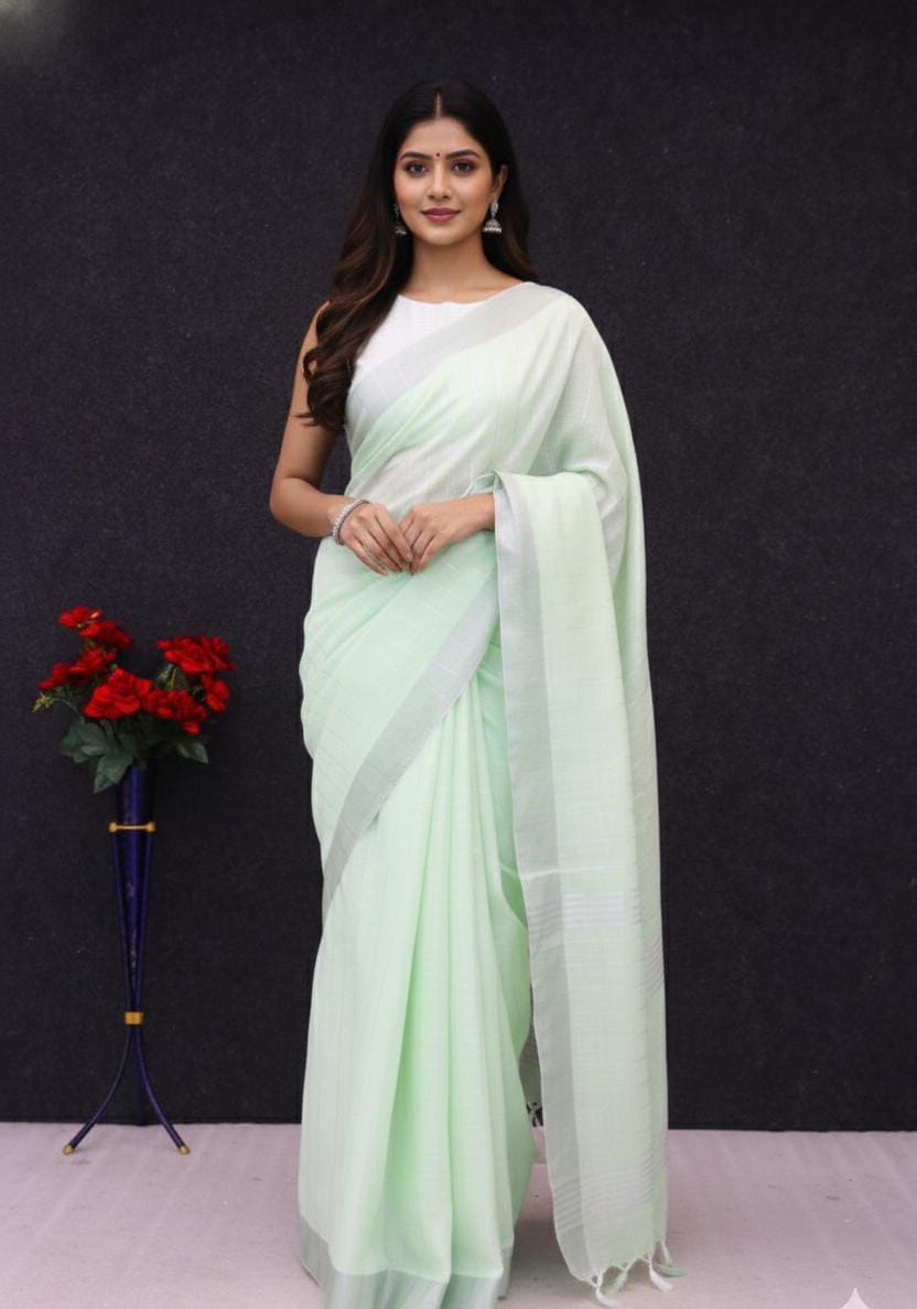 Elegant   Pure  heavy Linen-Cotton Saree with Silver Striped Border”