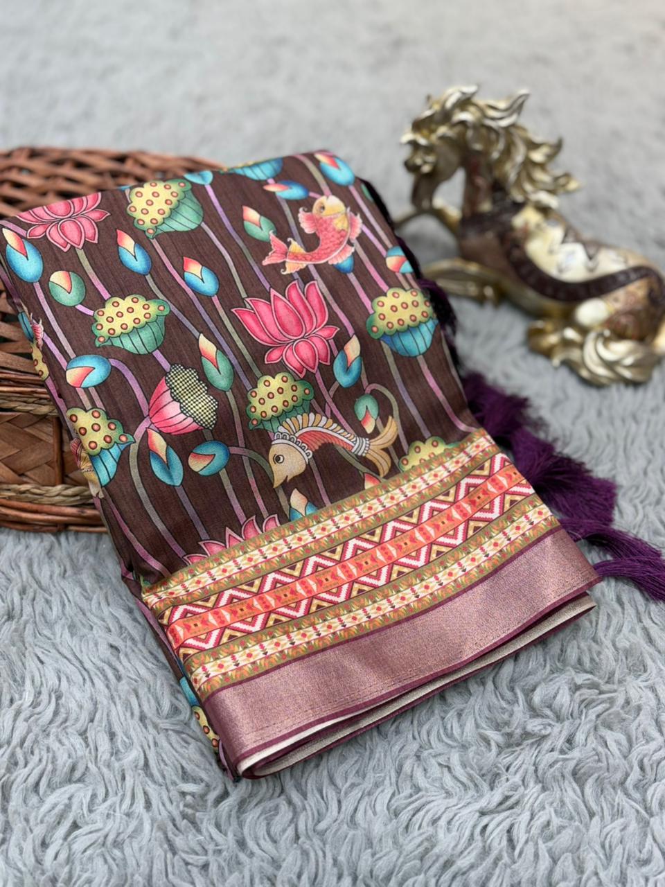 SOFT TUSSAR SILK PRINTED SAREE KALAMKARI COLLECTIONS