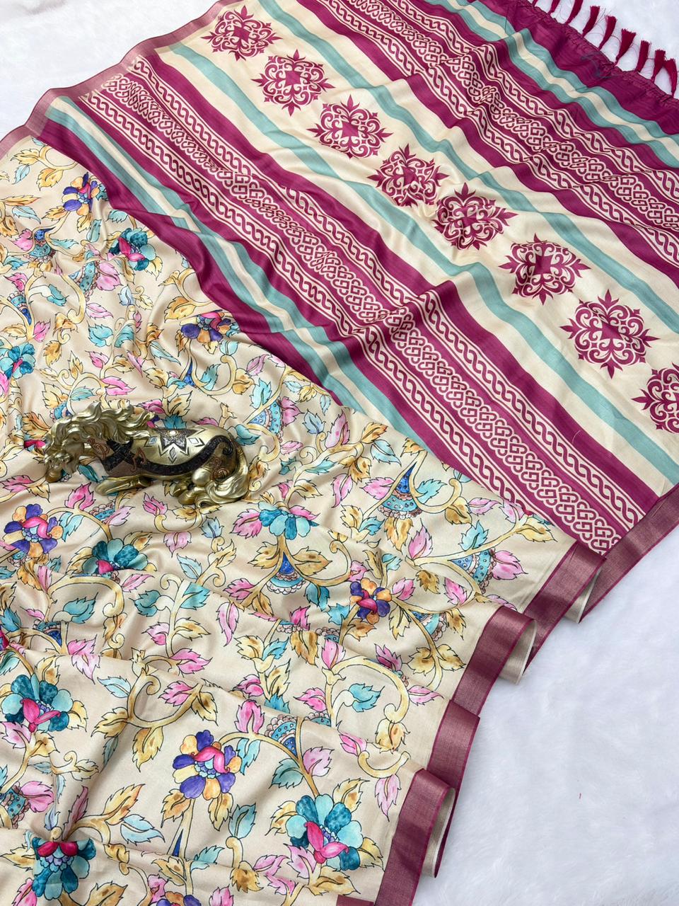 SOFT TUSSAR SILK PRINTED SAREE KALAMKARI COLLECTIONS