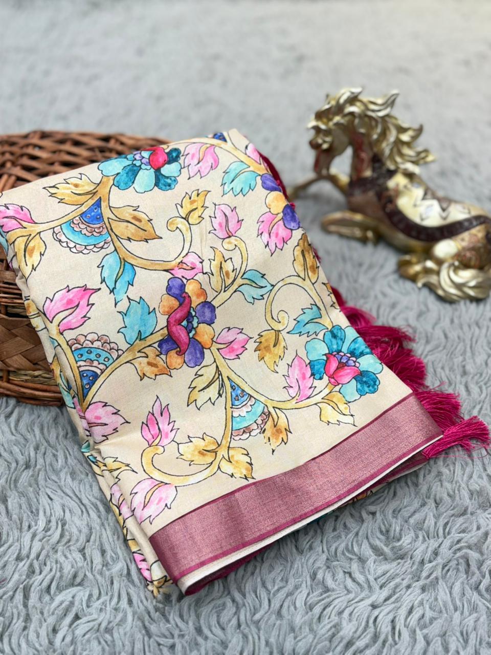 SOFT TUSSAR SILK PRINTED SAREE KALAMKARI COLLECTIONS