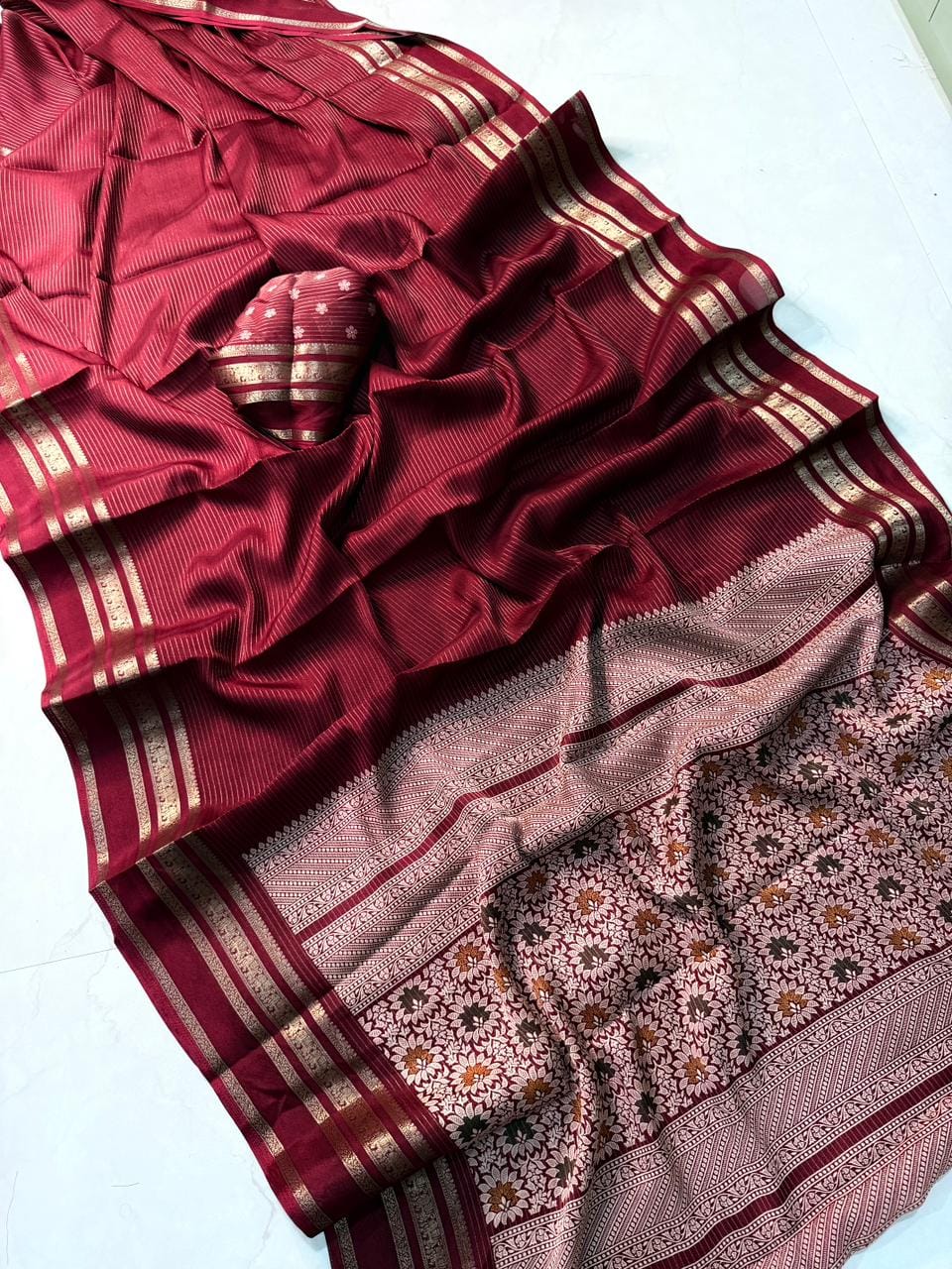 Elegant  Silk Saree with Golden Zari Border  Self Design and Premium Creap Silk