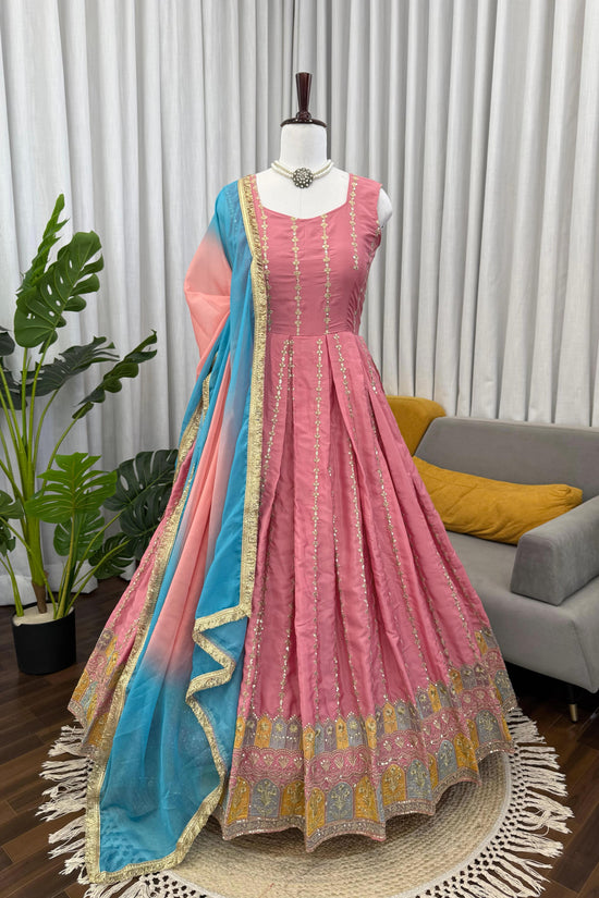Blush Pink Anarkali Gown with Sky Blue Dupatta