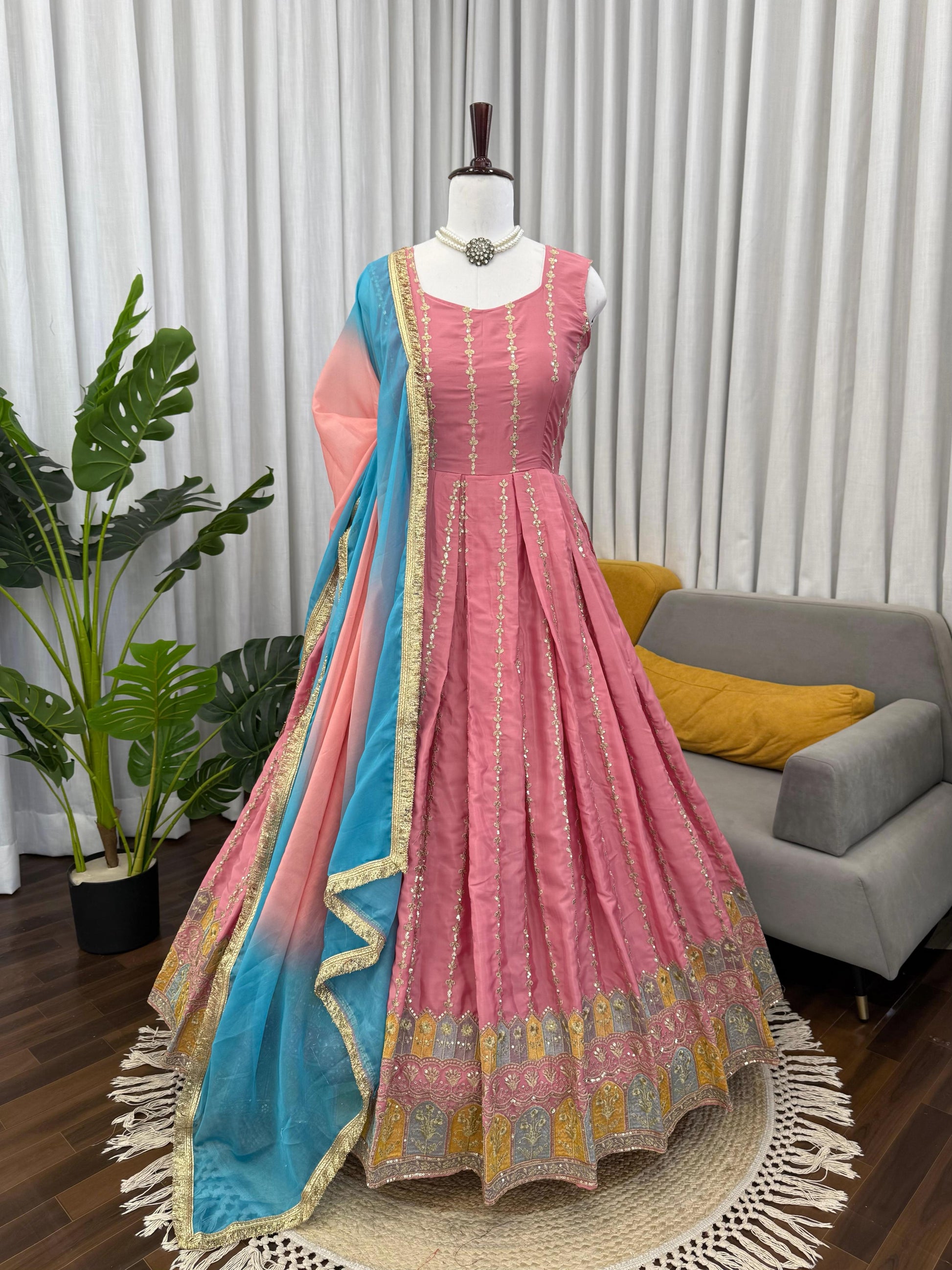 Blush Pink Anarkali Gown with Sky Blue Dupatta