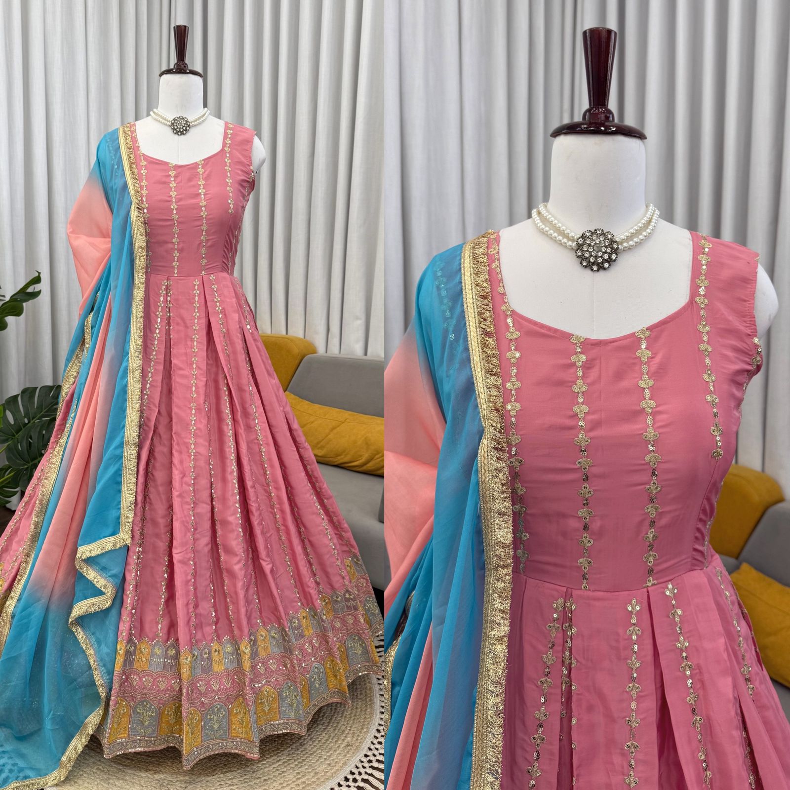 Blush Pink Anarkali Gown with Sky Blue Dupatta