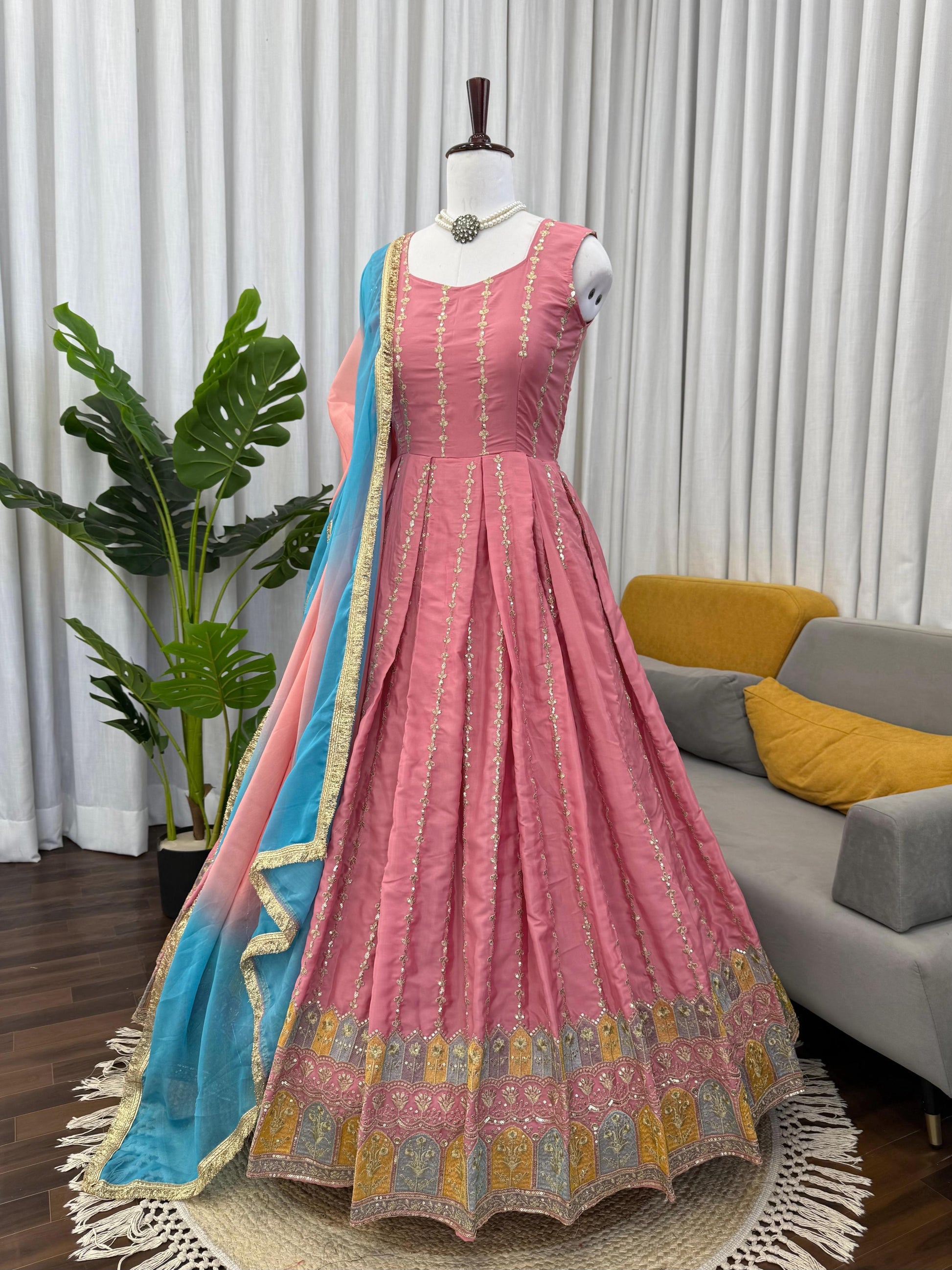 Blush Pink Anarkali Gown with Sky Blue Dupatta