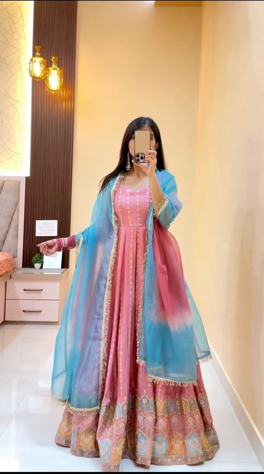 Blush Pink Anarkali Gown with Sky Blue Dupatta