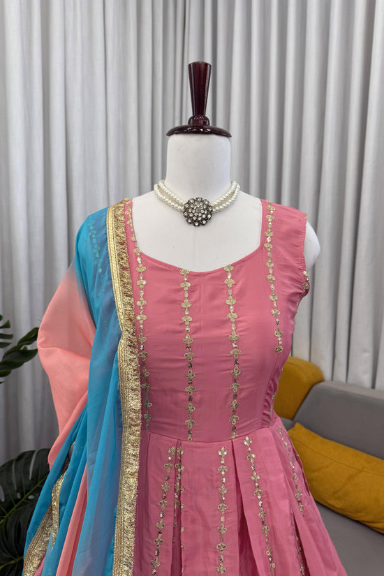Blush Pink Anarkali Gown with Sky Blue Dupatta