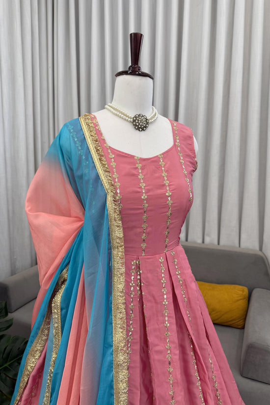 Blush Pink Anarkali Gown with Sky Blue Dupatta