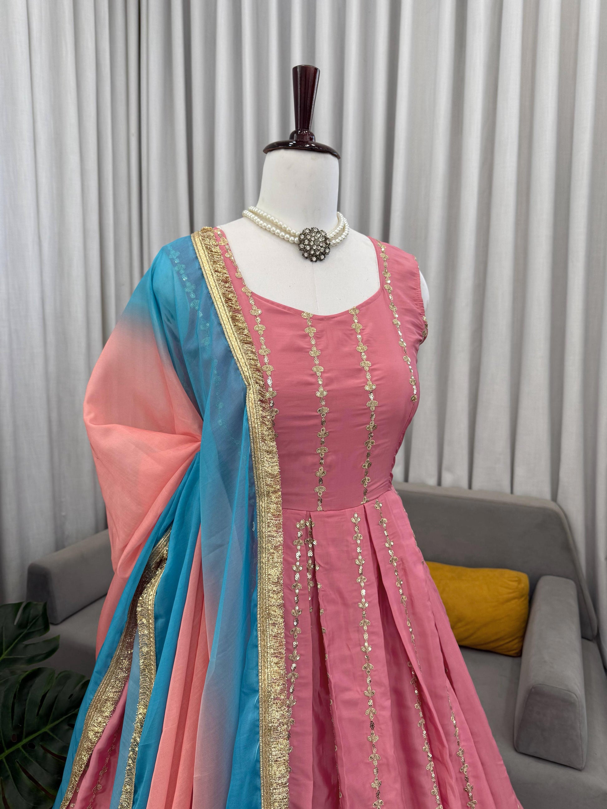 Blush Pink Anarkali Gown with Sky Blue Dupatta
