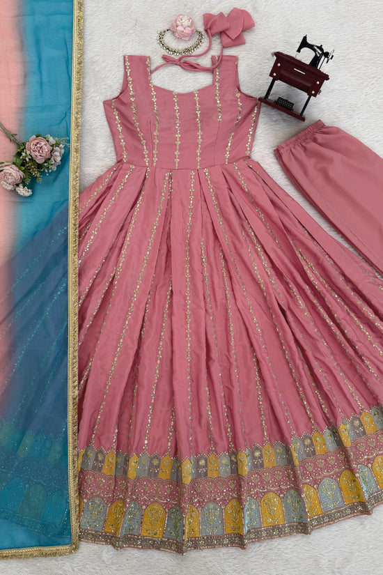 Blush Pink Anarkali Gown with Sky Blue Dupatta