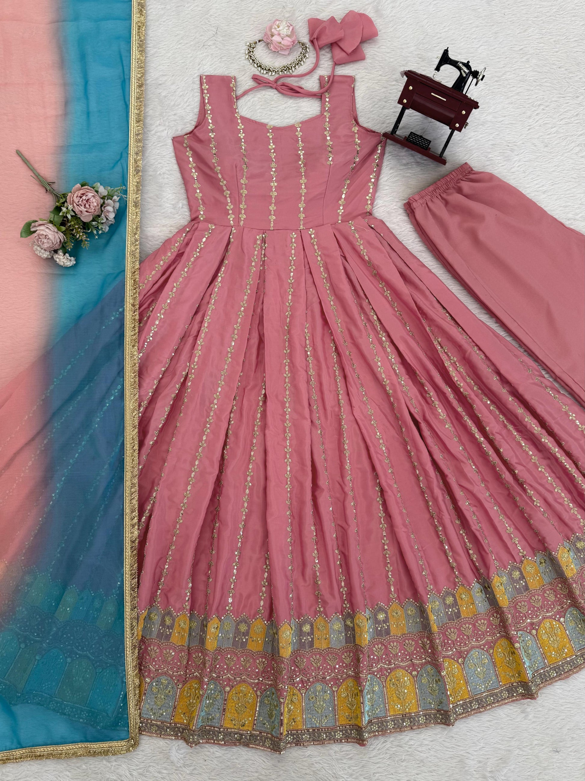 Blush Pink Anarkali Gown with Sky Blue Dupatta