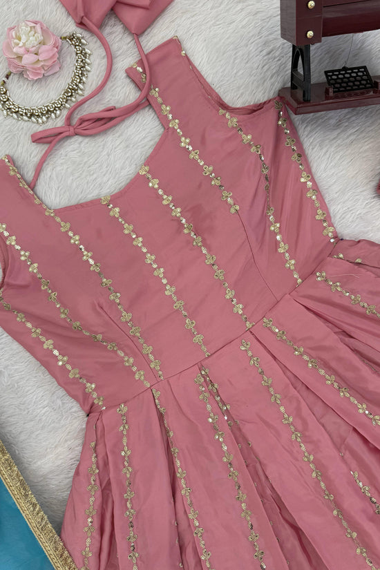 Blush Pink Anarkali Gown with Sky Blue Dupatta