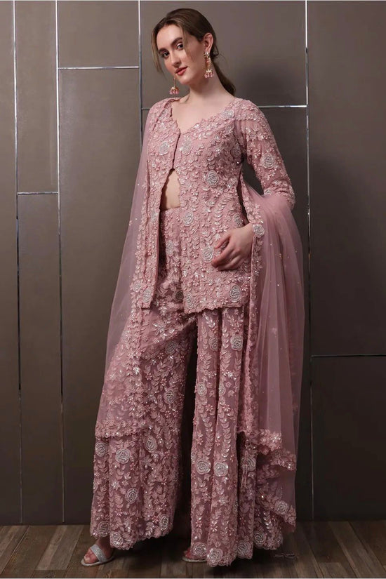 Blush Pink Embroidered Palazzo Set with Cape Dupatta