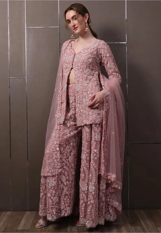 Blush Pink Embroidered Palazzo Set with Cape Dupatta