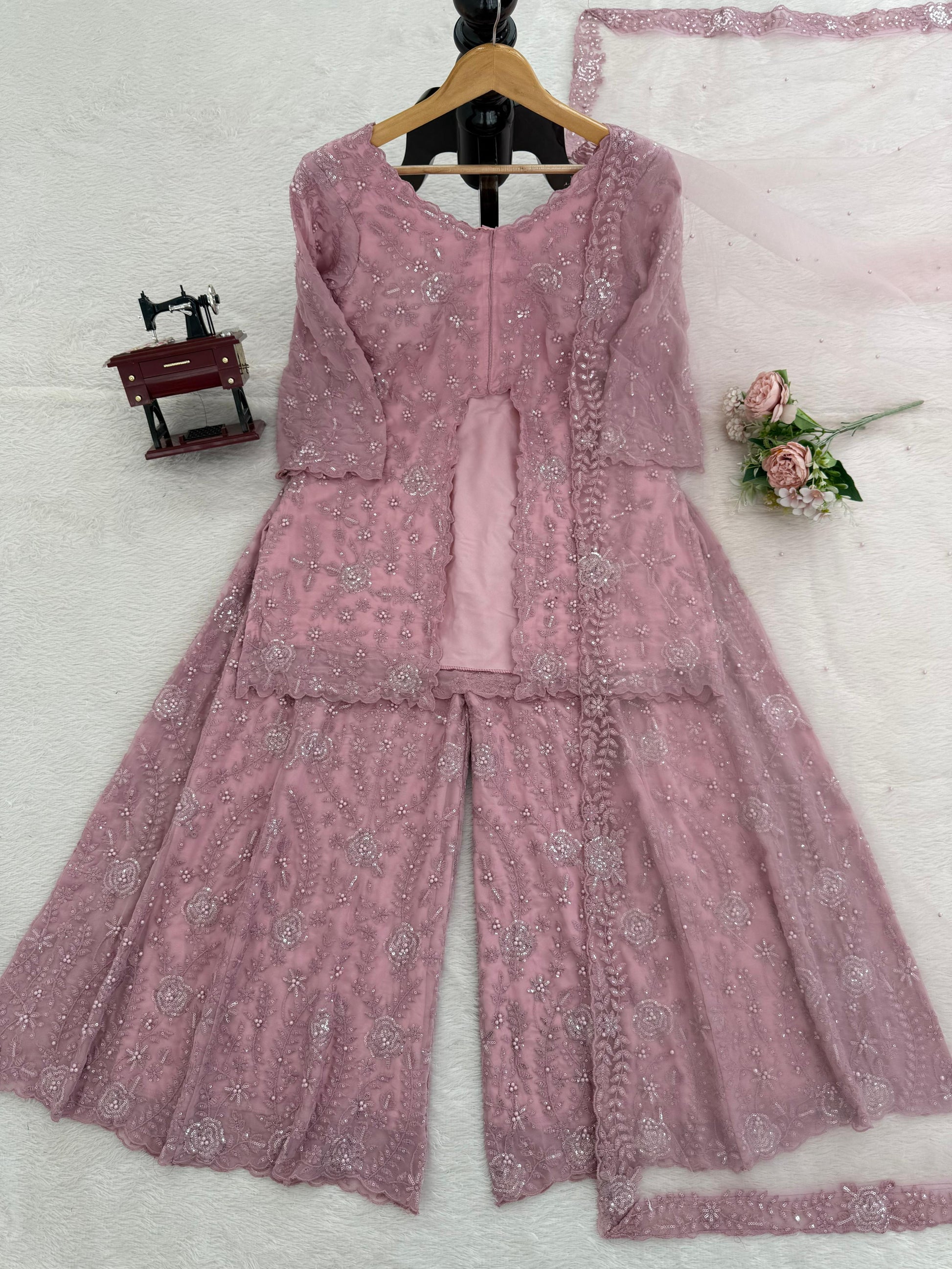 Blush Pink Embroidered Palazzo Set with Cape Dupatta