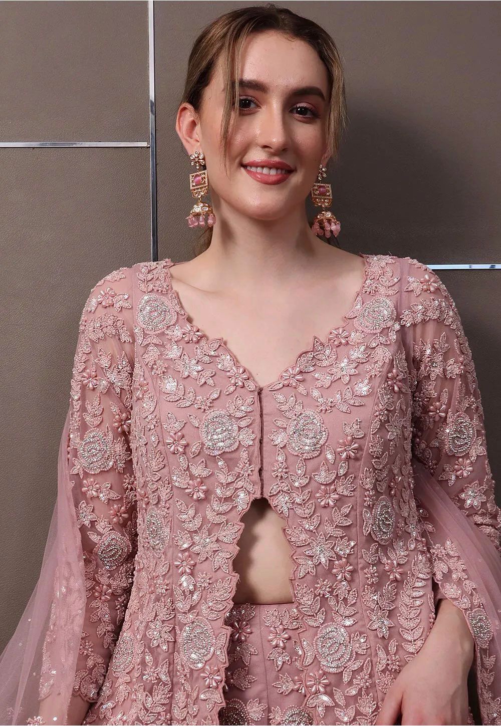 Blush Pink Embroidered Palazzo Set with Cape Dupatta