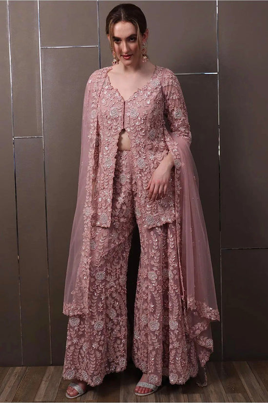 Blush Pink Embroidered Palazzo Set with Cape Dupatta