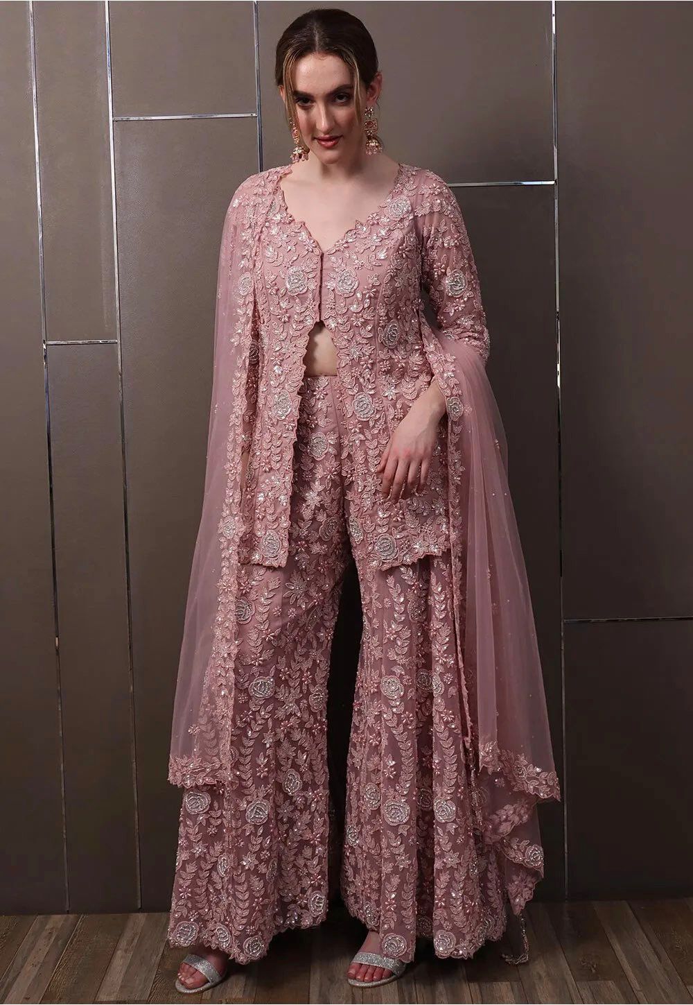 Blush Pink Embroidered Palazzo Set with Cape Dupatta