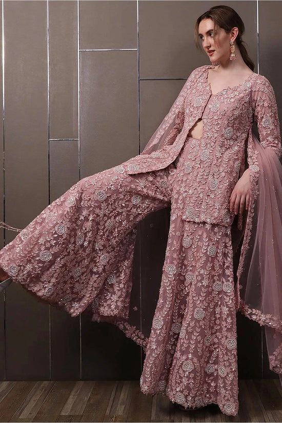 Blush Pink Embroidered Palazzo Set with Cape Dupatta