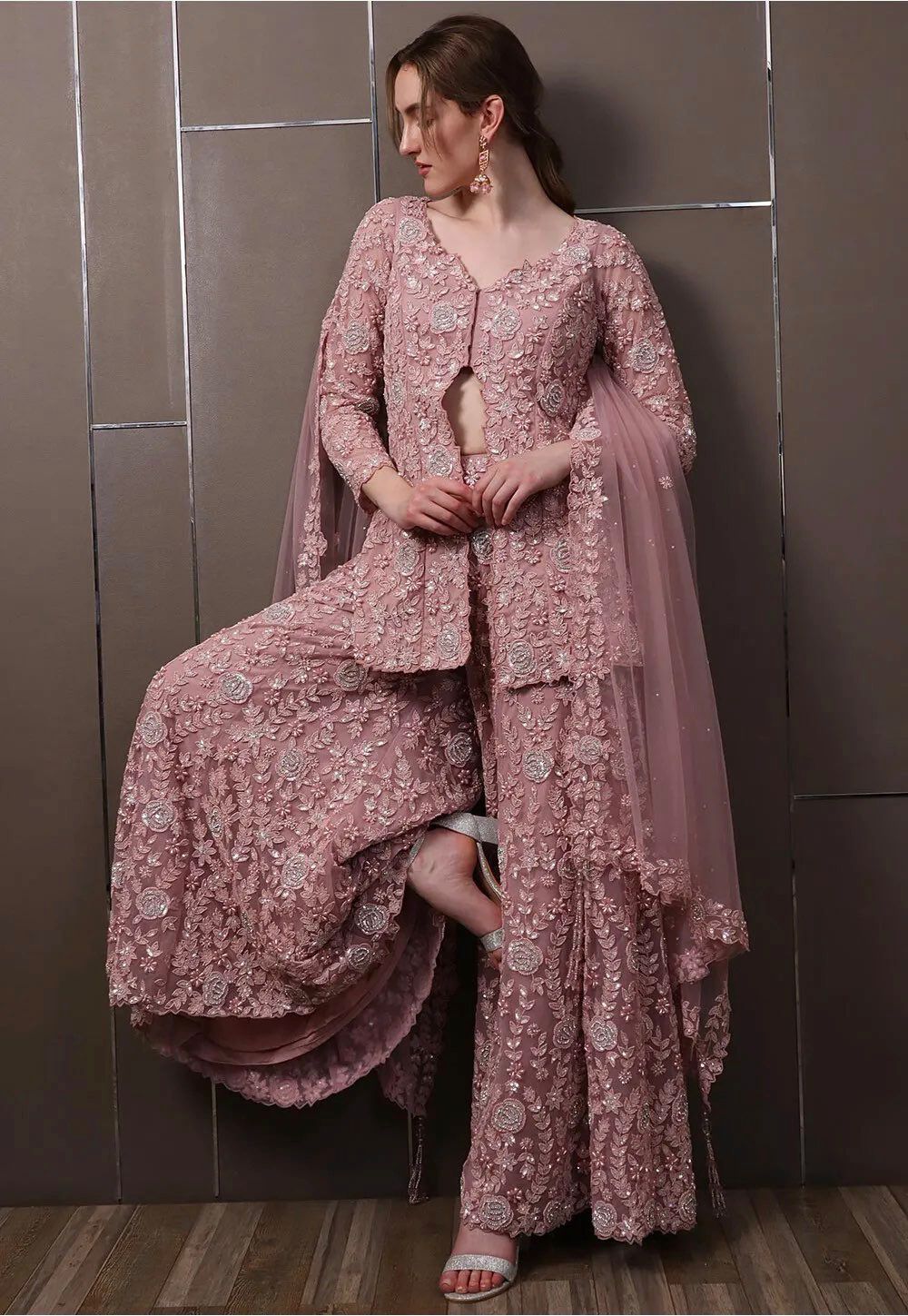 Blush Pink Embroidered Palazzo Set with Cape Dupatta