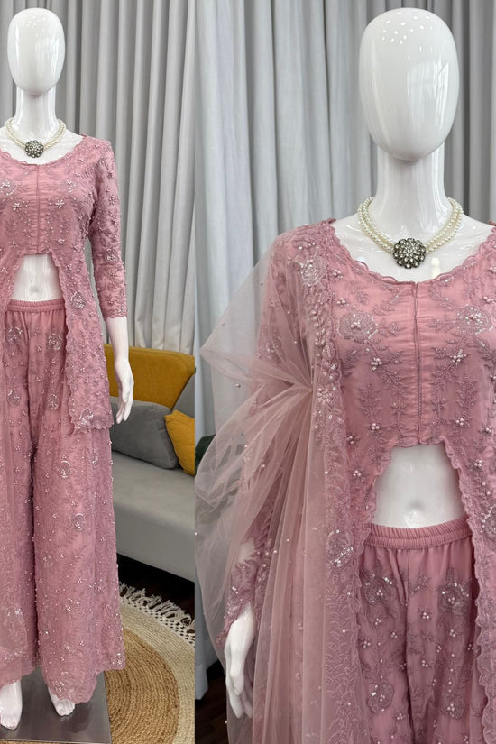 Blush Pink Embroidered Palazzo Set with Cape Dupatta