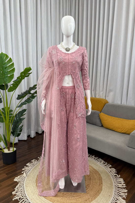 Blush Pink Embroidered Palazzo Set with Cape Dupatta