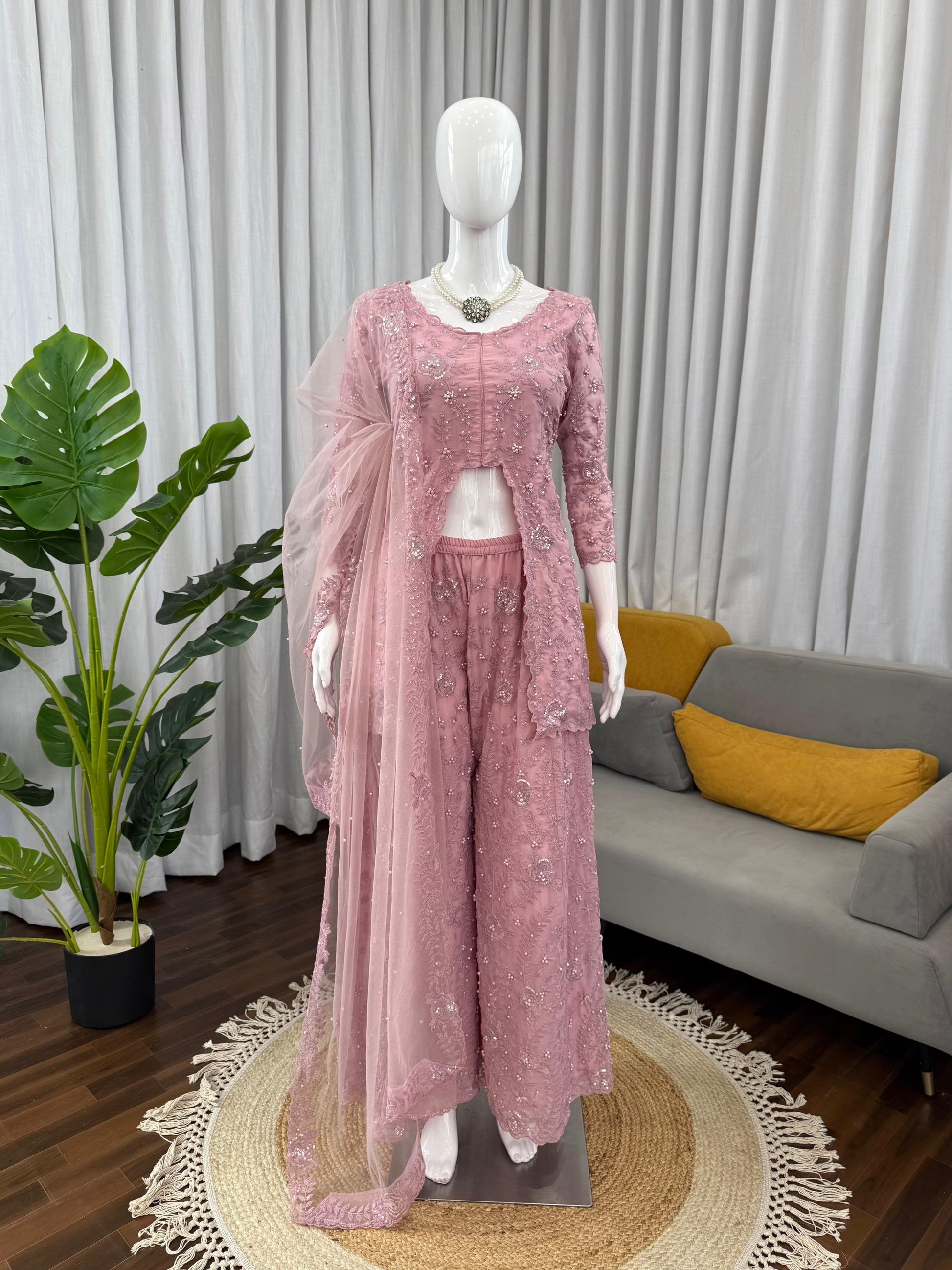 Blush Pink Embroidered Palazzo Set with Cape Dupatta