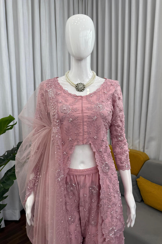 Blush Pink Embroidered Palazzo Set with Cape Dupatta