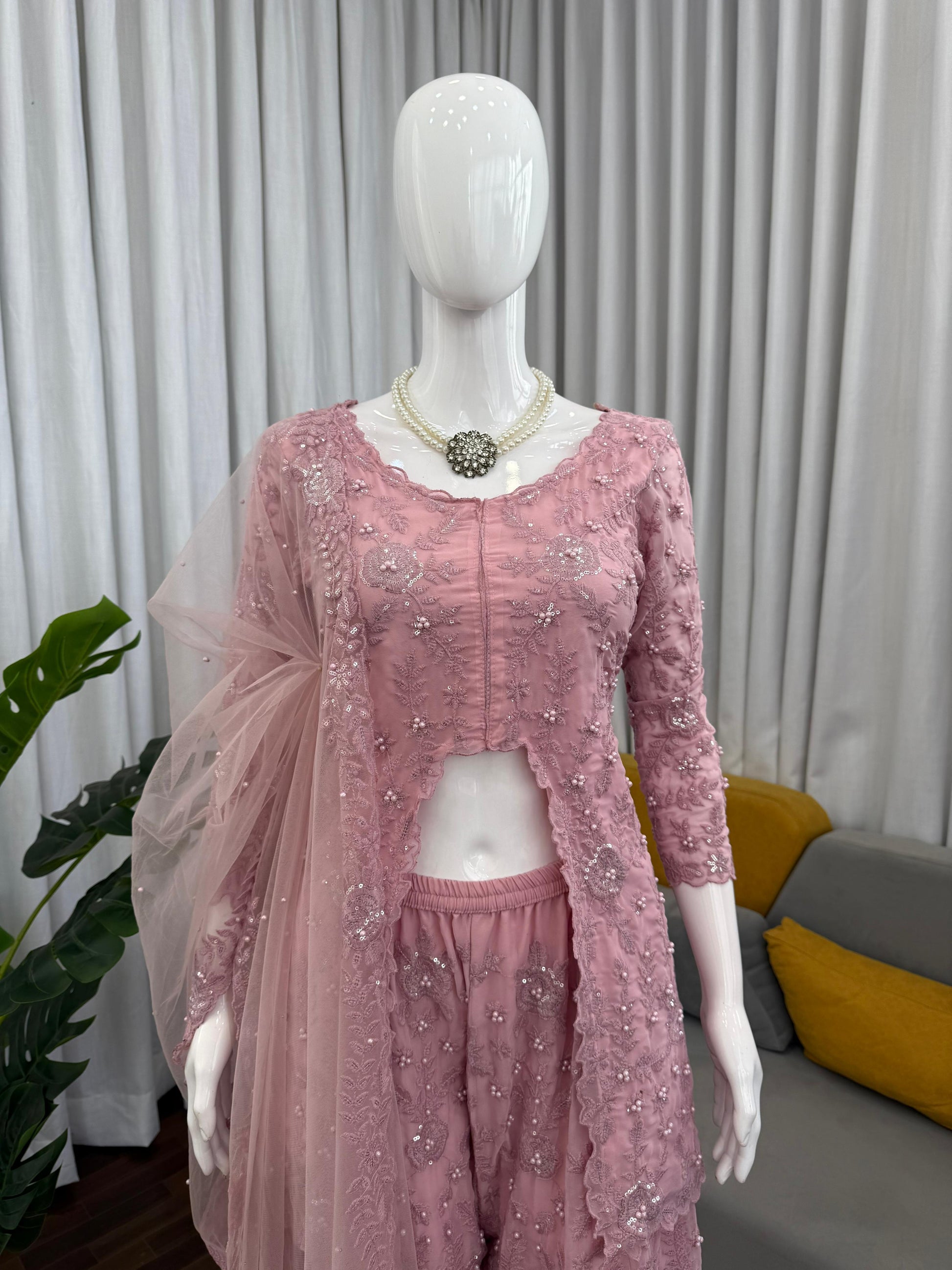 Blush Pink Embroidered Palazzo Set with Cape Dupatta