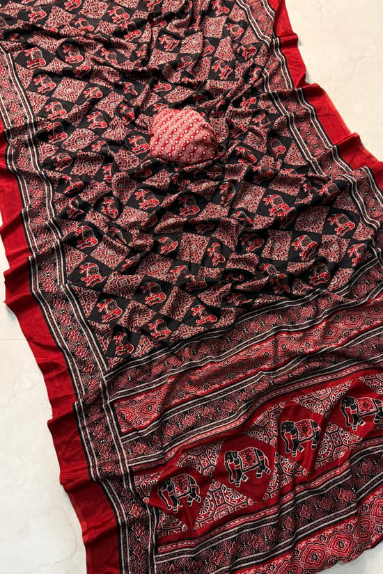 Black and Red Ajrakh Print Silk Saree with Elephant Motifs