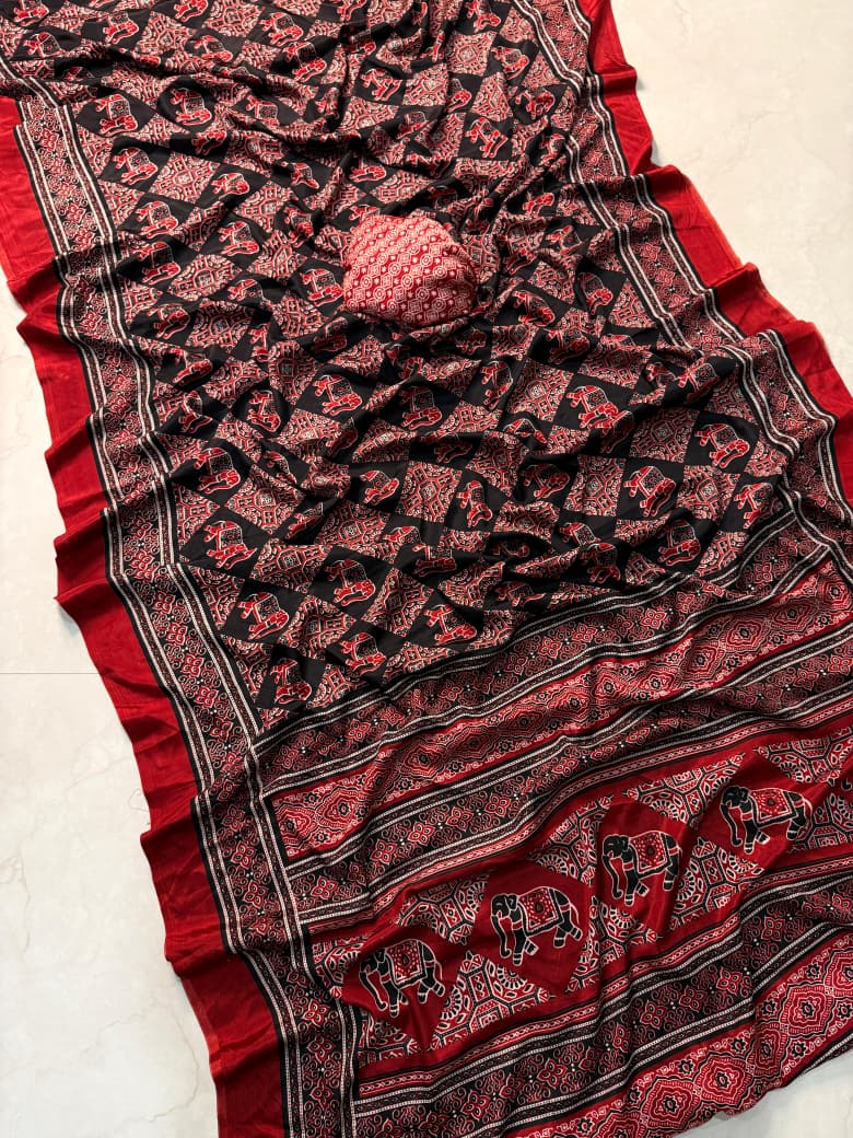 Black and Red Ajrakh Print Silk Saree with Elephant Motifs