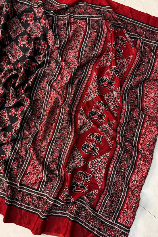 Black and Red Ajrakh Print Silk Saree with Elephant Motifs